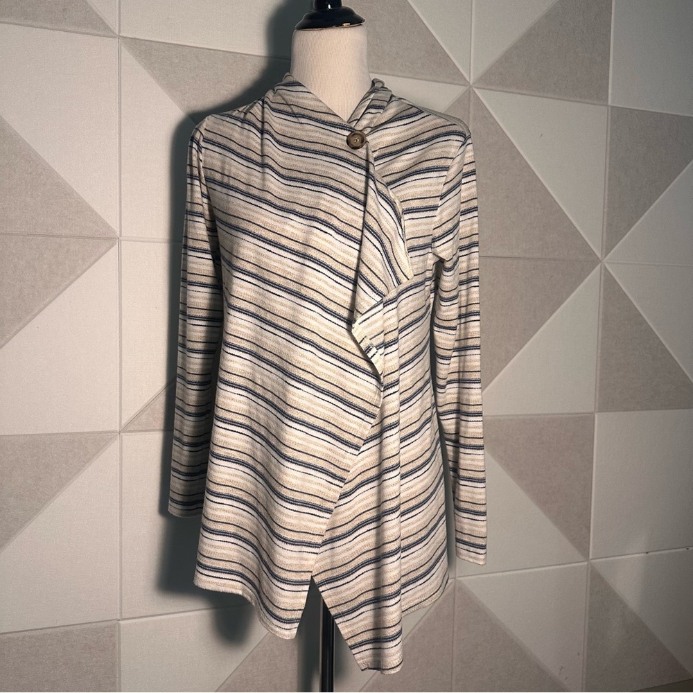 Bobeau Wrap One Button Striped Cardigan Size Medium Blue